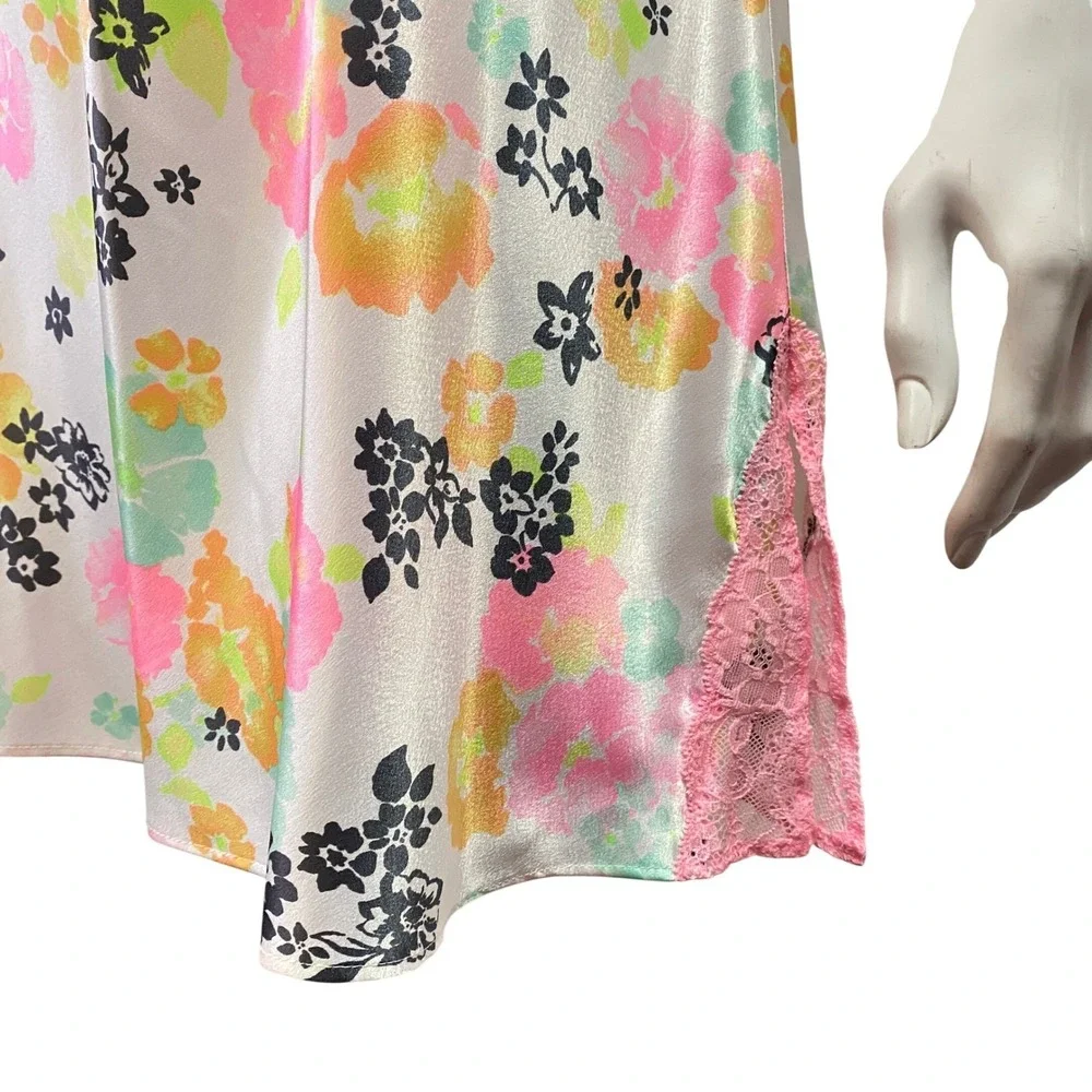 Victoria Secret M‎ Floral Satin Lace Trim Slip Dress Lingerie Babydoll Cottage